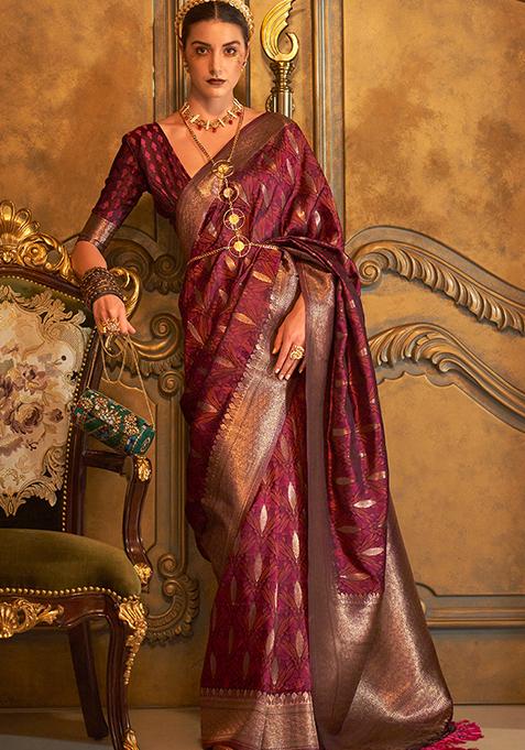 Maroon Zari Woven Silk Saree Set