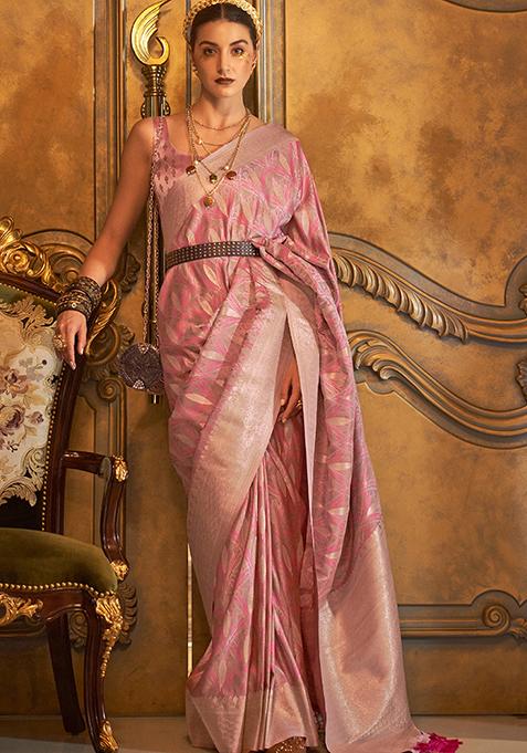 Pink Zari Woven Silk Saree Set