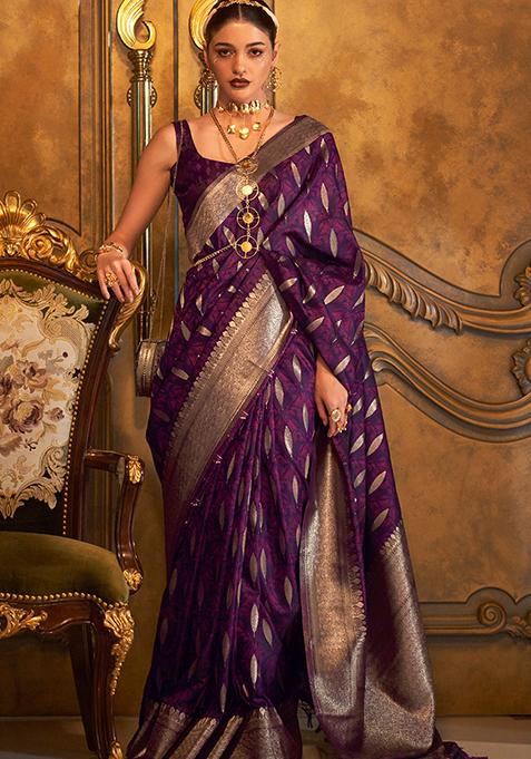 Purple Zari Woven Silk Saree Set