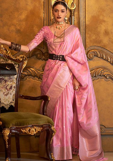 Baby Pink Zari Woven Silk Saree Set