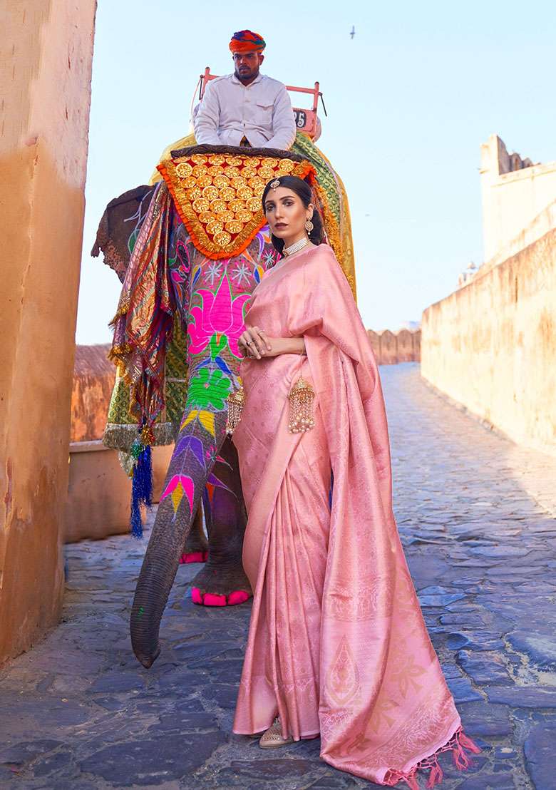 Pink Zari Woven Silk Saree Set for Diwali and Festive Wear - Indya