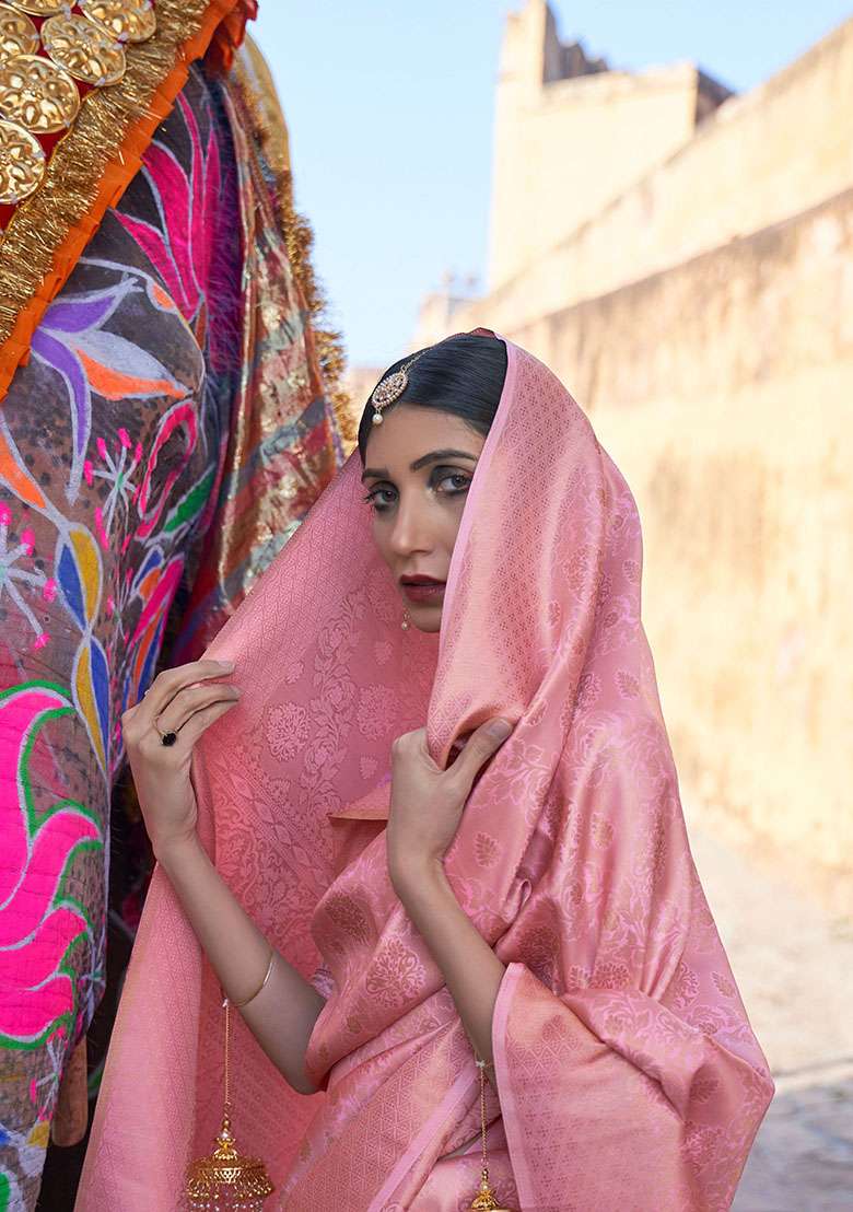 Pink Zari Woven Silk Saree Set for Diwali and Festive Wear - Indya