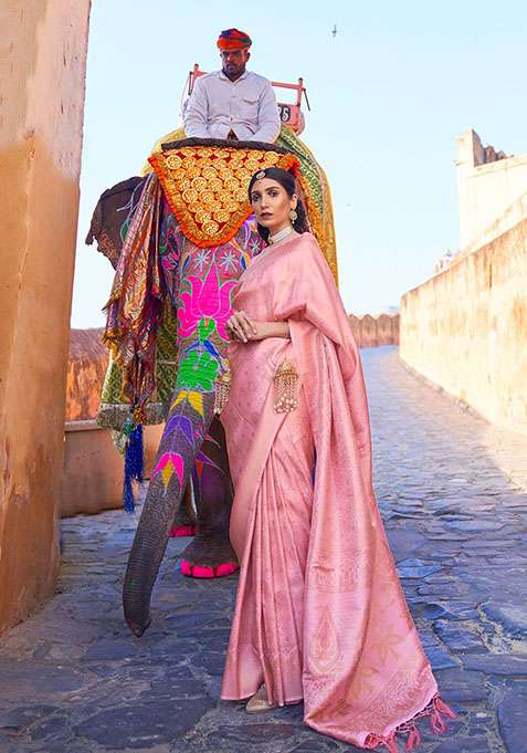 Pink Zari Woven Silk Saree Set for Diwali and Festive Wear