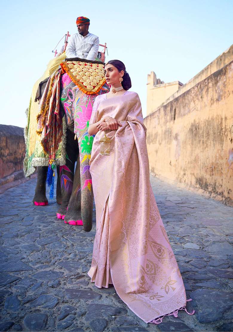 Purple Zari Woven Silk Saree Set for Diwali and Festive Wear - Indya