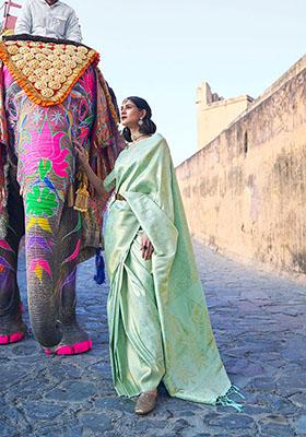 Sea Green Zari Woven Silk Saree Set