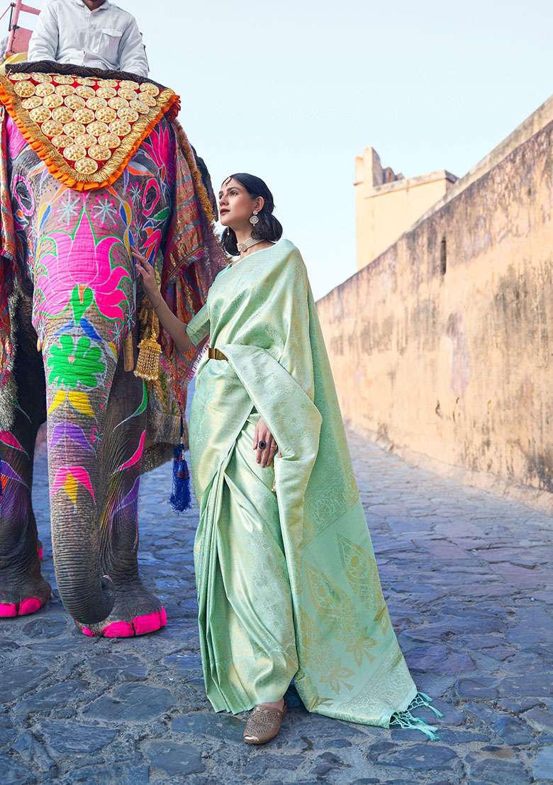 Sea Green Zari Woven Silk Saree Set for Diwali and Festive Wear - Indya