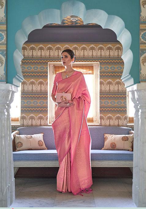 Pink Zari Woven Silk Saree Set