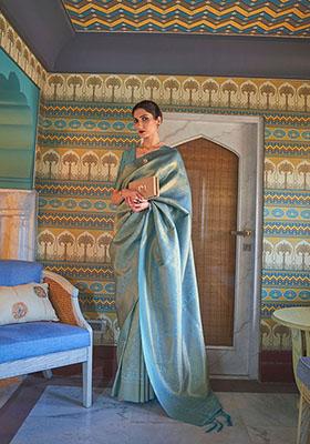 Sky Blue Zari Woven Silk Saree Set