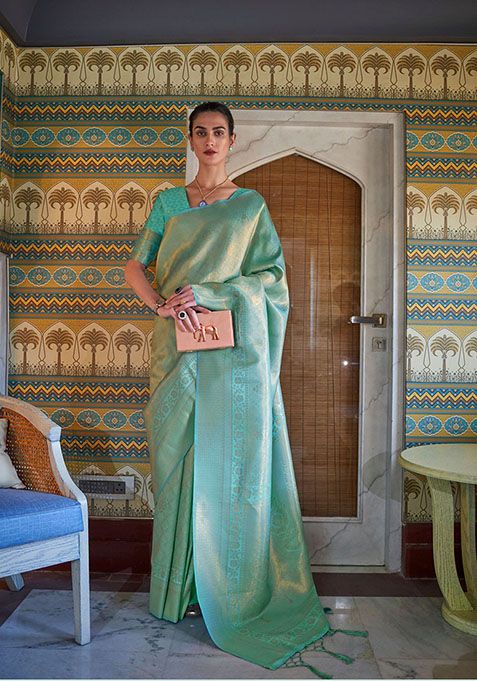 Sea Green Zari Woven Silk Saree Set