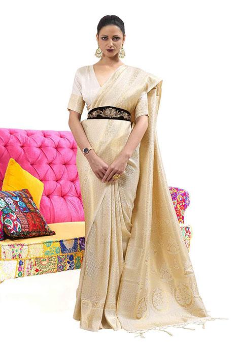 Cream Zari Woven Silk Saree Set