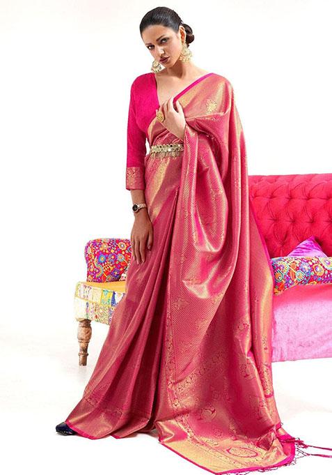 Pink Zari Woven Silk Saree Set