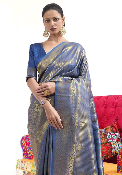 Blue Zari Woven Silk Saree Set