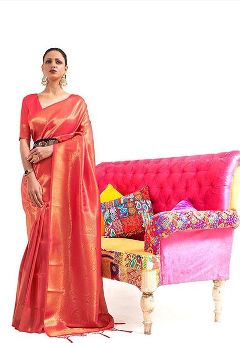 Red Zari Woven Silk Saree Set