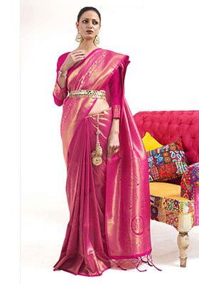 Rani Pink Zari Woven Silk Saree Set