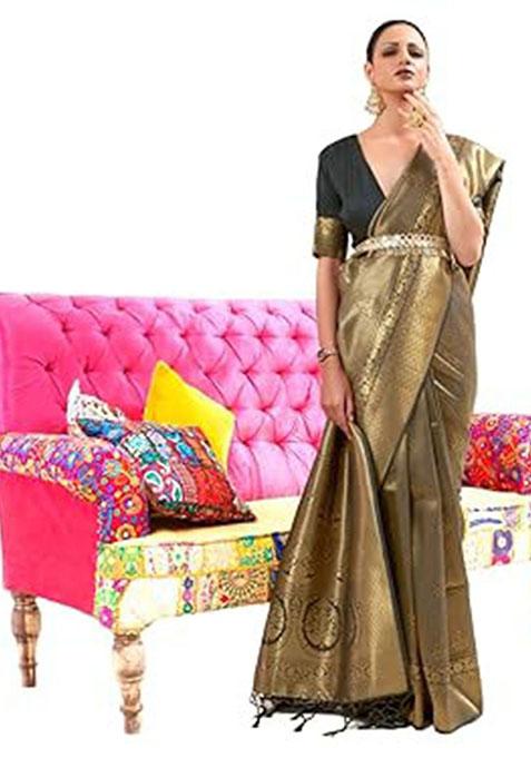 Black Zari Woven Silk Saree Set