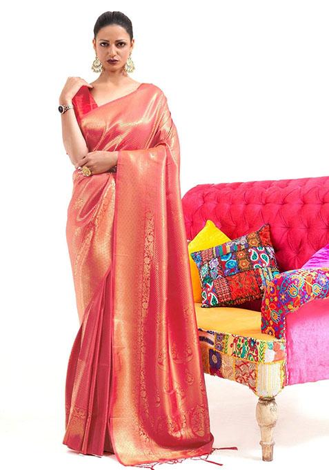 Orange Zari Woven Silk Saree Set