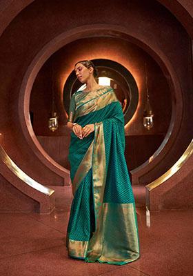 Dark Teal Zari Woven Art Silk Saree Set