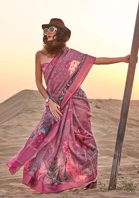 Pink Zari Woven Art Silk Saree Set