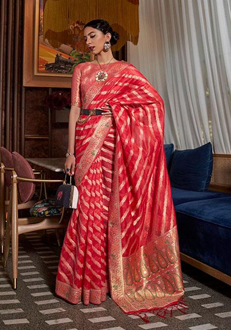 Red Zari Woven Organza Saree Set