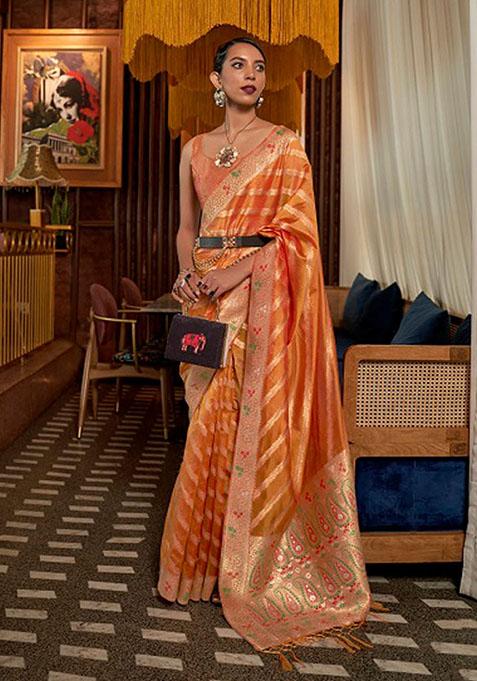 Orange Zari Woven Organza Saree Set