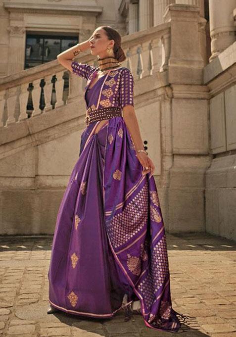 Purple Zari Woven Satin Silk Saree Set