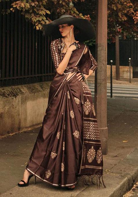 Brown Zari Woven Satin Silk Saree Set