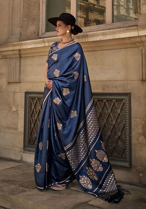 Navy Blue Zari Woven Satin Silk Saree Set