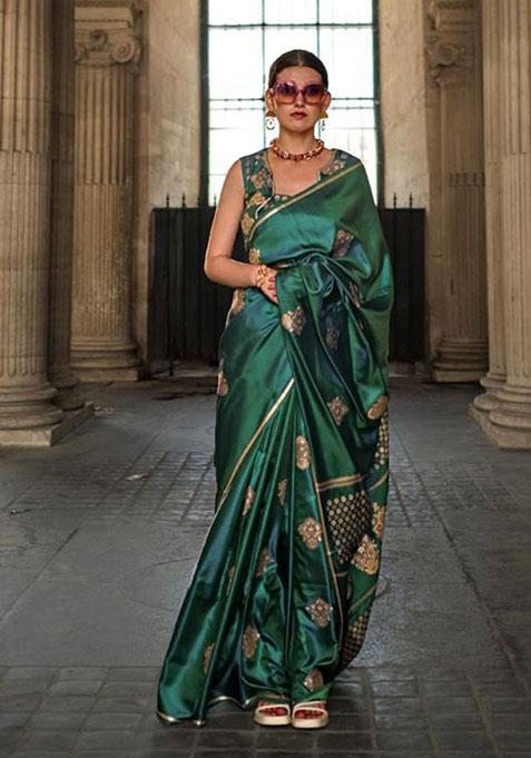 Green Zari Woven Satin Silk Saree Set