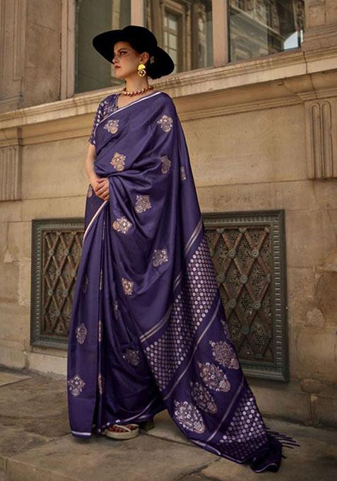 Blue Zari Woven Satin Silk Saree Set