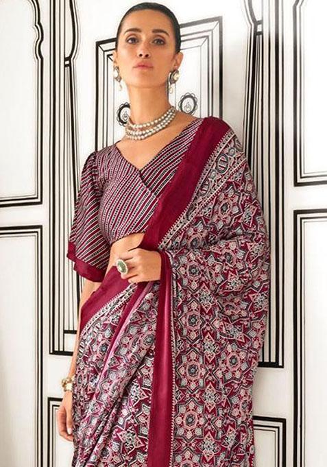 Maroon Zari Woven Silk Saree Set