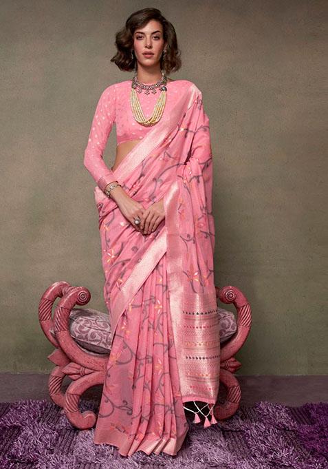 Pink Zari Woven Silk Saree Set