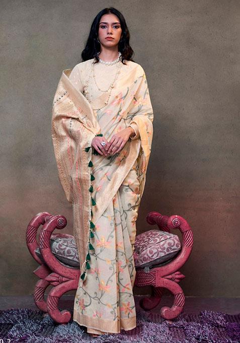 Cream Zari Woven Silk Saree Set