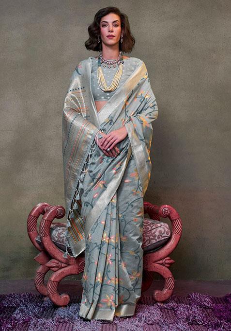 Grey Zari Woven Silk Saree Set