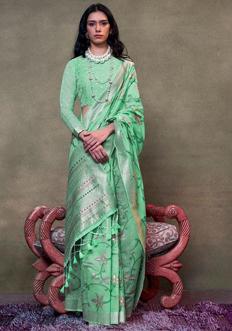 Sea Green Zari Woven Silk Saree Set