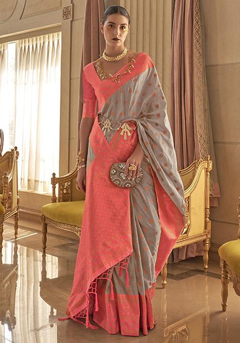 Grey Zari Woven Art Silk Saree Set