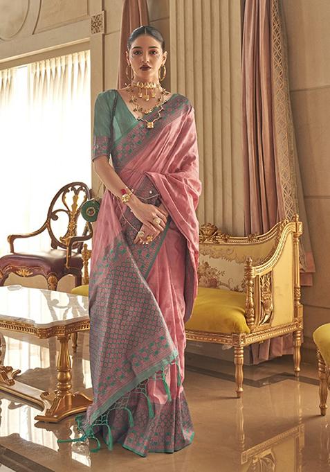 Pink Zari Woven Art Silk Saree Set