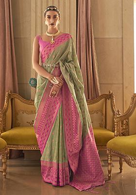 Parrot Green Zari Woven Art Silk Saree Set