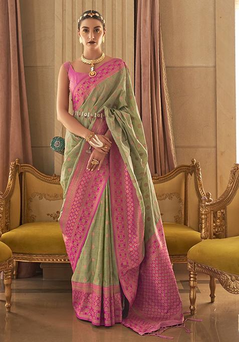 Parrot Green Zari Woven Art Silk Saree Set