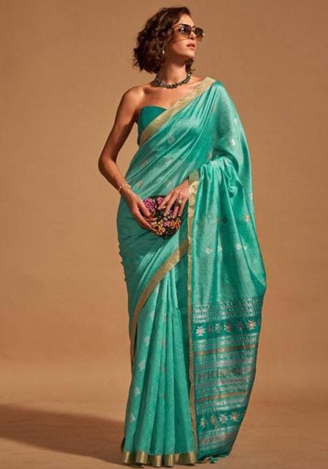 Teal Zari Woven Art Silk Saree Set