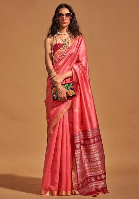 Peach Zari Woven Art Silk Saree Set