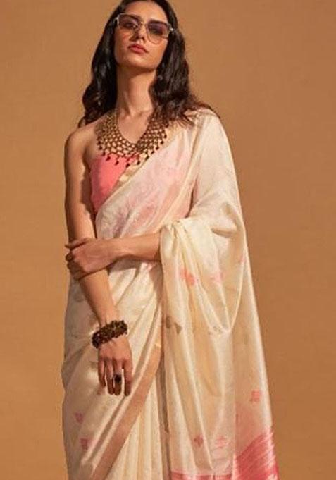 Off White Zari Woven Art Silk Saree Set