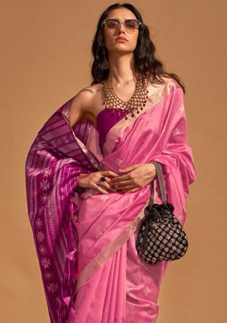 Pink Zari Woven Art Silk Saree Set