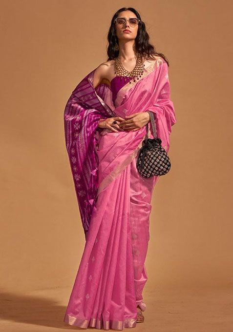 Pink Zari Woven Art Silk Saree Set