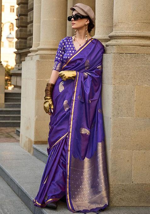 Purple Zari Woven Satin Silk Saree Set