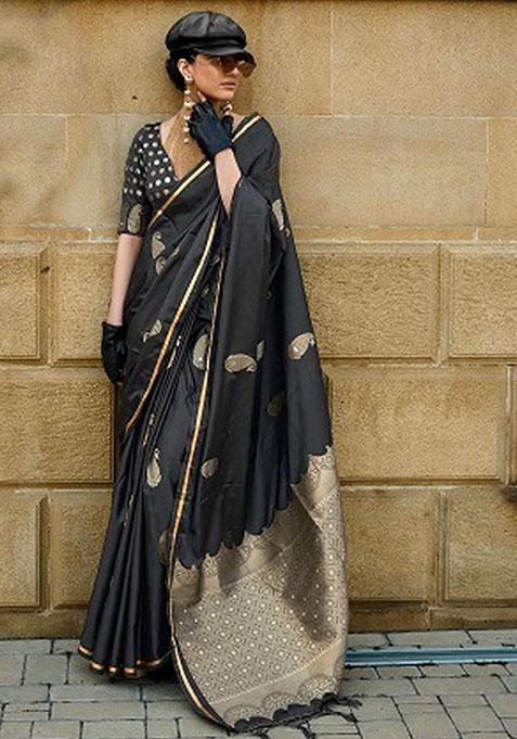 Black Zari Woven Satin Silk Saree Set