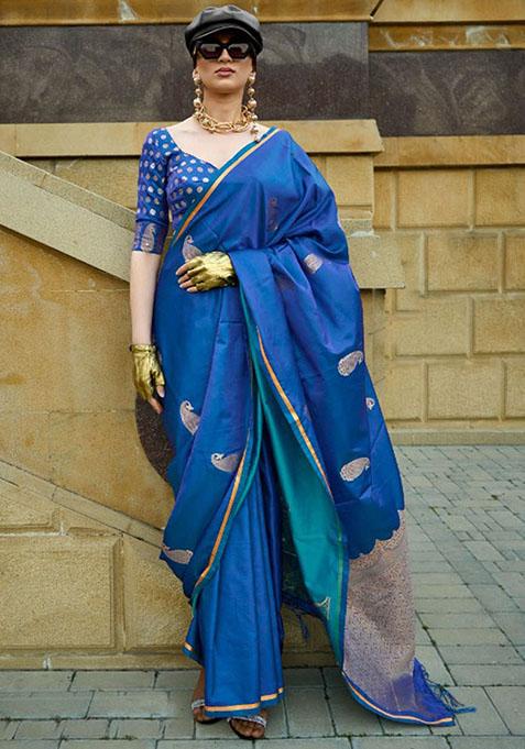 Indigo Zari Woven Satin Silk Saree Set