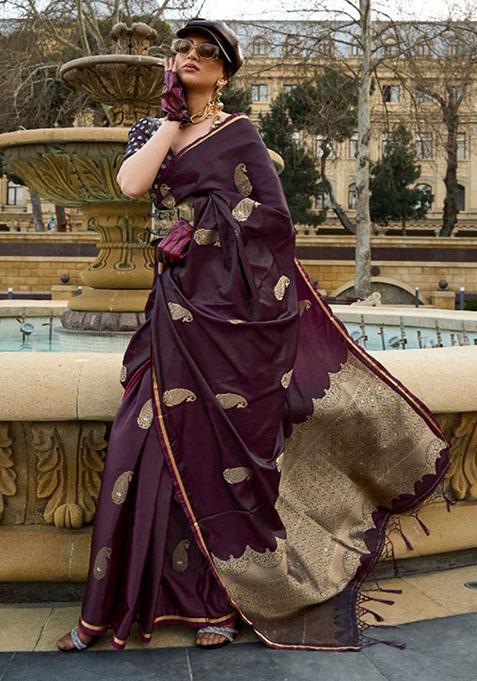 Wine Zari Woven Satin Silk Saree Set