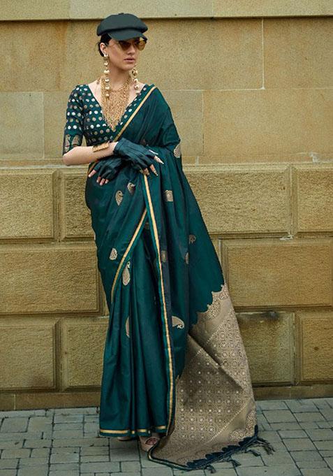 Green Zari Woven Satin Silk Saree Set