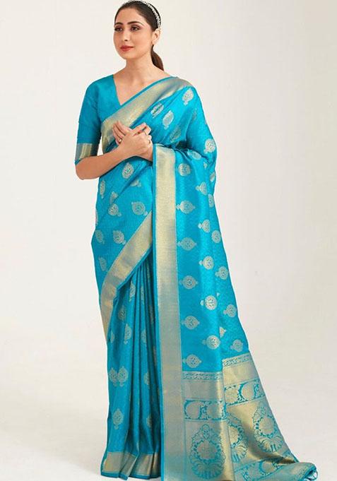 Blue Zari Woven Art Silk Saree Set