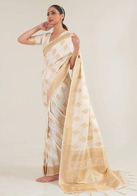 White Zari Woven Art Silk Saree Set